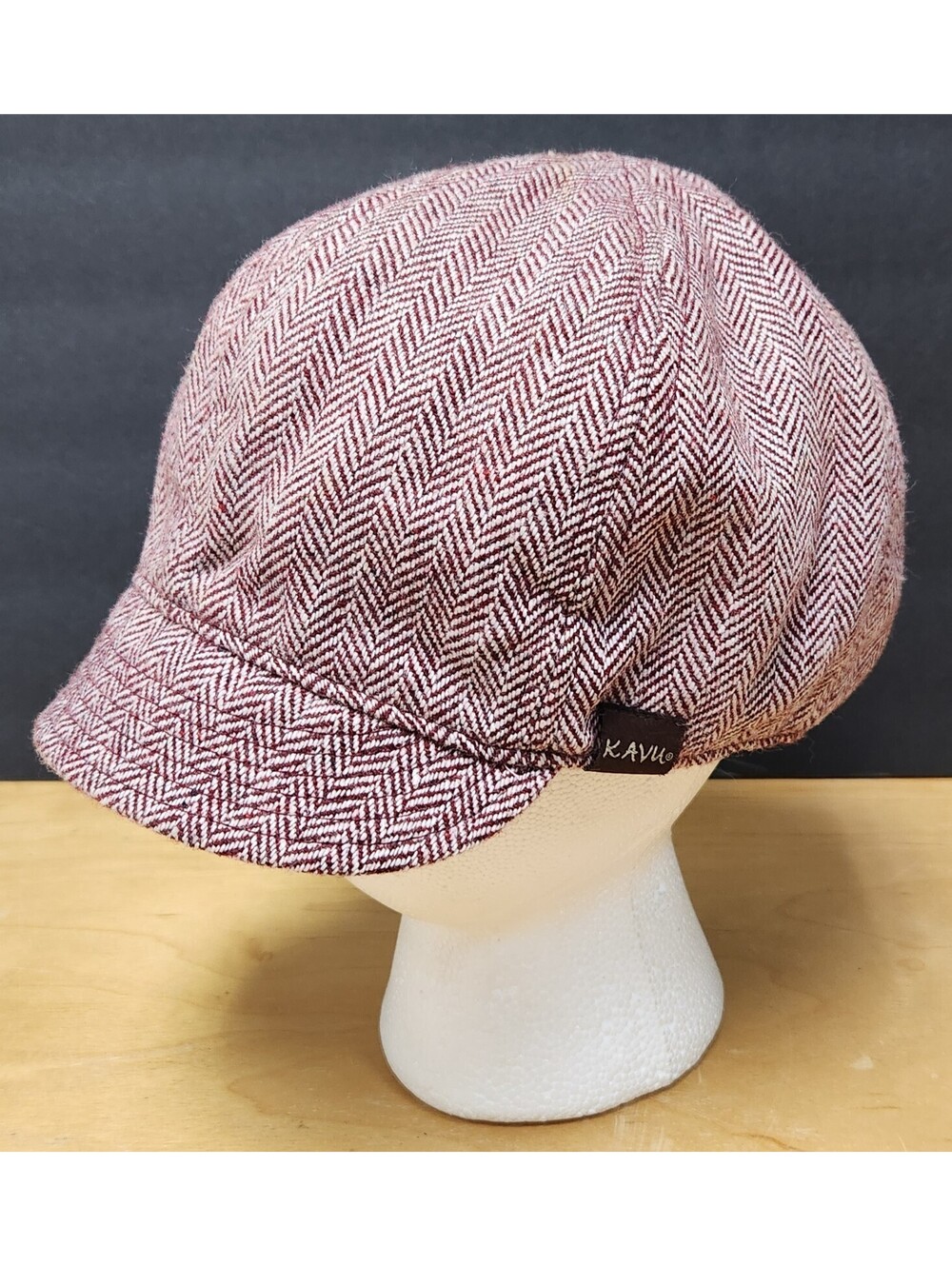 KAVU Newsboy Cap Hat Herringbone Tweed Burgundy Red Cream Cabbie Gatsby Retro